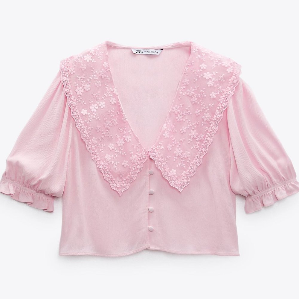 Zara Pink Embroidered Collar Shirt